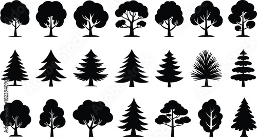 Set of tree silhouettes, black forest icons, nature vector collection including pine, oak, fir for environment and landscape design logo.