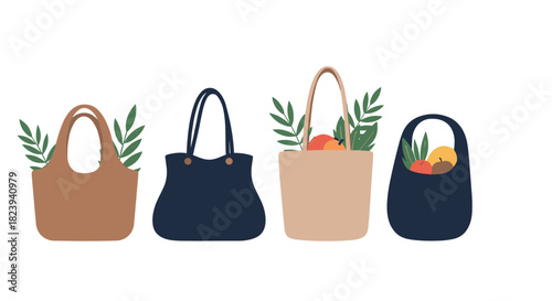 Collection of four stylish, eco-friendly reusable shopping bags filled with groceries, promoting a zero-waste and sustainable lifestyle with a simple, modern design.