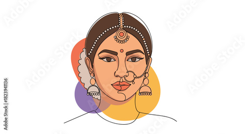 Elegant one-line art portrait of a traditional Indian bride adorned with beautiful jewelry like a maang tikka, nose ring, and jhumka earrings.