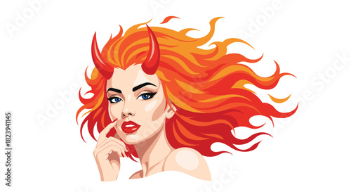 Seductive portrait of a beautiful devil woman with fiery red hair, striking blue eyes, and small red horns, exuding a mischievous and alluring charm.