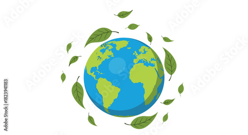 Simple and clean illustration of the planet Earth with green leaves swirling around it, representing environmental protection, ecology, and a healthy planet.