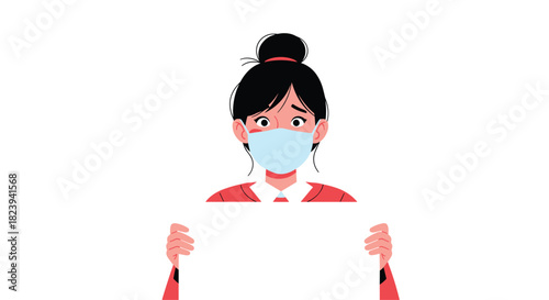 Illustration of a worried-looking young woman wearing a face mask and holding a blank white sign or banner, with space for your text or message.