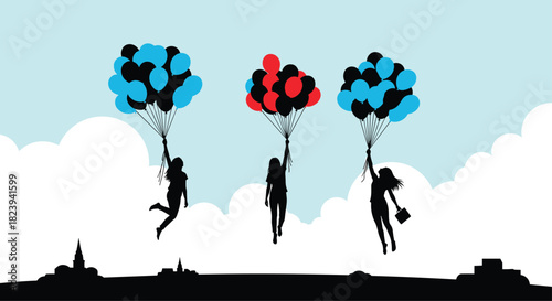 Inspirational silhouette scene of three women flying high above a city skyline, lifted by large bunches of colorful balloons, symbolizing freedom and dreams.