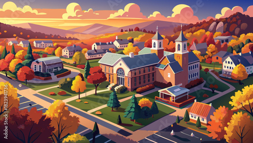 Very beautiful aerial view of Lititz, Pennsylvania in autumn, featuring the Post Office and local school at dusk, surrounded by colorful fall foliage and warm evening light in a clean, stock-friendly 