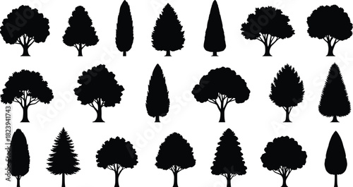 Silhouette collection of diverse tree shapes and botanical elements for design, illustration, landscape projects, nature artwork, vector graphics, and decoration