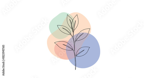 Delicate and simple one-line drawing of a botanical branch with leaves, elegantly composed over four overlapping, soft-colored abstract circles for a modern design.