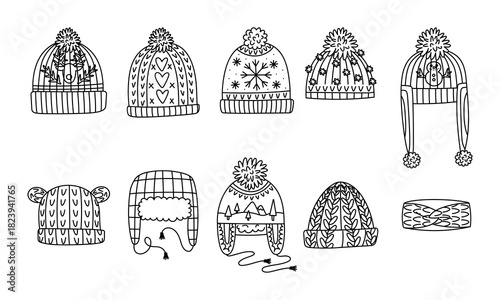 set of outline illustrations of various Christmas hats. monochrome collection of warm winter clothing items. Knitted beanie hats, earflaps, headbands with New Year, winter, with knitted texture