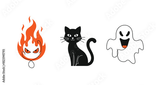 Fun and spooky set of three minimalist Halloween characters: an angry fire spirit, a classic black cat, and a shouting ghost, all in a simple line art style.