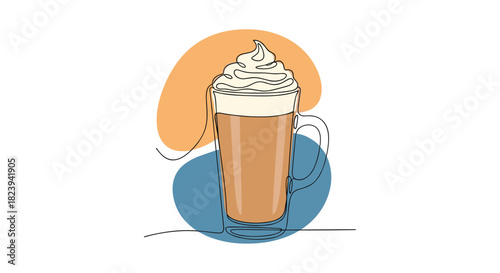 Continuous one-line art of a glass mug filled with coffee and topped with luscious whipped cream, set against abstract color shapes.