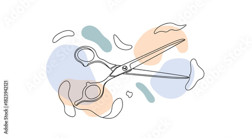 Minimalist continuous one-line drawing of professional hairdressing scissors against a background of abstract pastel color shapes.