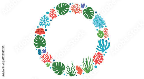 Colorful circular frame design composed of tropical monstera leaves, vibrant seaweeds, and various types of coral illustrations.