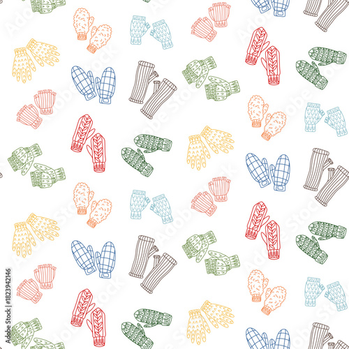 Seamless doodle pattern of various mittens and gloves in a colored outline. Chaotic texture of paired warm items. Decorative doodle background for designing clothing, paper, textiles in cold weather