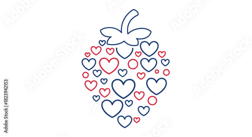 Creative illustration of a strawberry formed from a collection of small, outlined red and blue hearts on a white background.