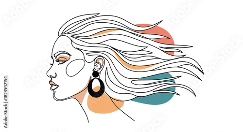 Stylish continuous one-line portrait of a woman's profile with flowing hair and elegant earrings against abstract color circles.