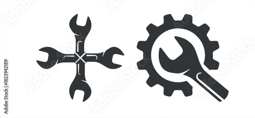 set of the wrench gear workshop logo, mechanic logo, Fix service tools, wrench and screwdriver, repair instruments, simple line icon. Gears logo line black icon collections. Wheel cogwheel vector.