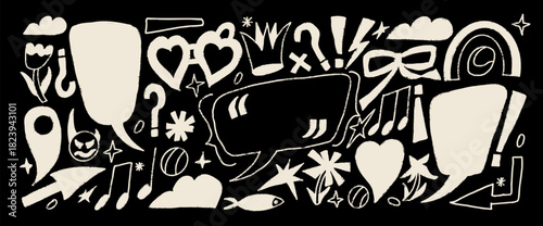Chalk doodles collage cutouts elements set. Speech bubbles with music note, crown, hearts. Callouts text boxes with inverted Spanish punctuation mark. Vector chalk drawn naive scribbles isolated no bg