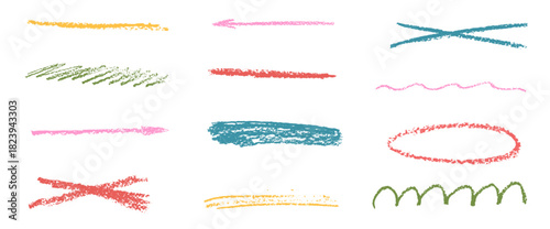 Hand drawn scribble text highlights. Underline crayon set. Grunge textured straight stripe, emphasis elements. Pencil brush stroke lines. Vector crayon freehand strike through dividers, arrow marks.