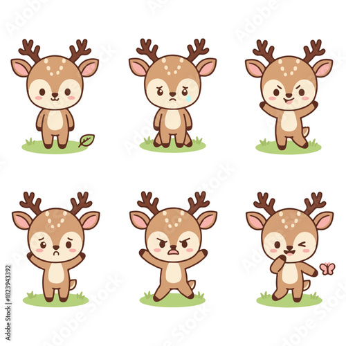 ute Cartoon Deer Character Vector Set. Adorable Fawn with Various Expressions (Happy, Sad, Angry, Playful) and Poses. Animated Animal Emotions for Kids' Design and Stickers
