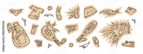 Padel tennis doodle hand drawn drawn paper cut out stickers set. Racket, ball, sport cloth, backpack collage icons isolated on white background. Scribble sport equipment cutouts. Vector illustration.