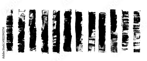 Grunge paint roller strokes rough texture. Distressed brush lines, printmaking elements create urban linocut frames for vintage labels. Vector lino cut streaks set on transparent background.