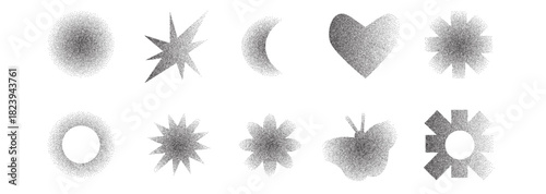 Halftone dots and soft gradation geometric icons shapes. Trendy Y2K aesthetic heart, stars, and modern brutalist design elements. Vector black dotwork stipple figures isolated no bg.