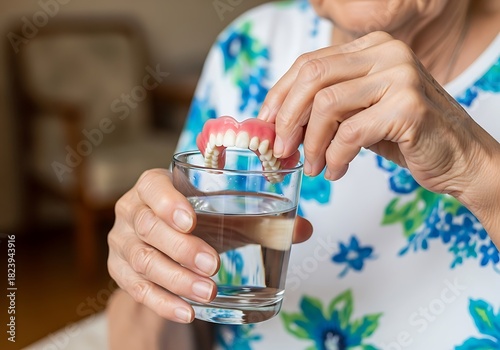Elderly hands holding dentures in glass of water
