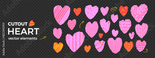 Scribble hearts paper cutout collage. Red and pink vivid zine pieces for love and scrapbook design. Torn hearts stickers isolated. Cut icon irregular shapes. Scraps for valentine, craft vector project