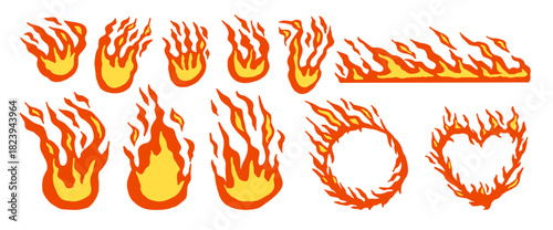 Fireball, burned heart collage frames icon. Doodle flame icons paper cutout set. Colorful simple bonfire stickers for scrapbook. Food spicy symbol shapes. Vector naive punk rock element no background.