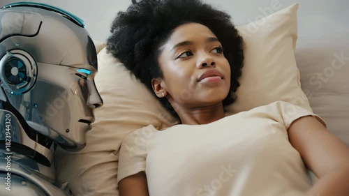 Woman gazing at humanoid robot on bed in futuristic emotional moment