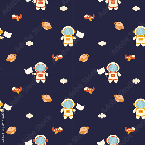 Spaceman cartoon so cute. On cloud planet rocket background. Pattern seamless vector illustration. 