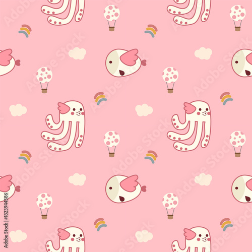 Squid fish fly on the sky. On cloud hot air balloon rainbow pink background. Pattern seamless vector illustration. 