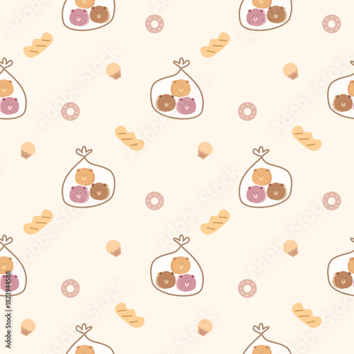 Cookie face bear in bag cartoon so cute. On bread donut cupcakes background. Pattern seamless vector illustration. 
