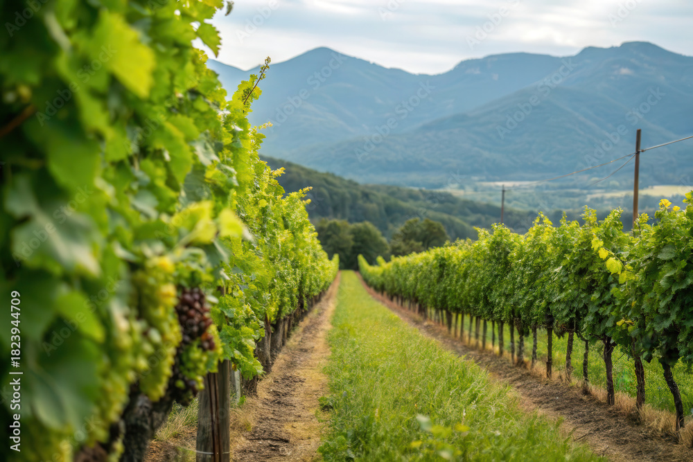 Naklejka premium Lush Vineyard Row with Scenic Mountain Background on a Cloudy Day