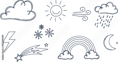 Whimsical handdrawn doodle weather and celestial elements set, great for design