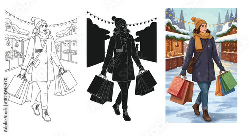 Woman enjoying winter shopping at a festive market, depicted in line art, silhouette, and colorful illustration styles, perfect for holiday themes