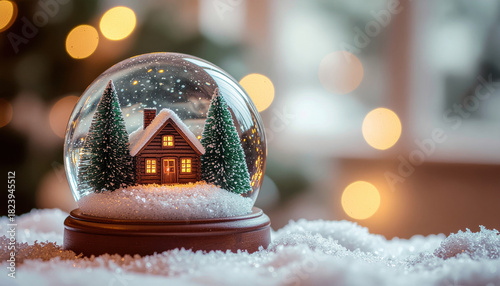 Cozy cabin inside snow globe surrounded by snowflakes and pine trees, evoking warm holiday spirit