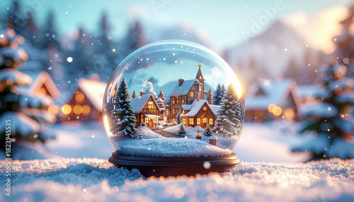 Cozy winter village scene inside snow globe, surrounded by snow covered trees and houses, evokes festive and magical atmosphere