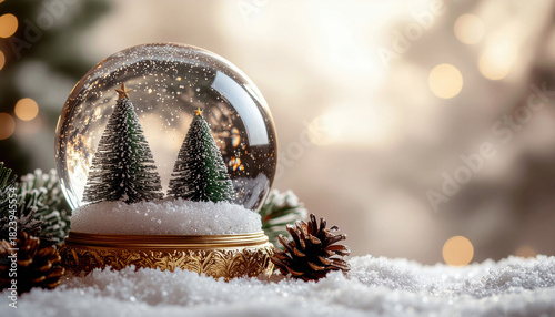 Festive snow globe with two Christmas trees inside, surrounded by snow and pinecones, evokes warm holiday spirit