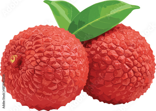 Fresh Ripe Red Lychee Fruit Vector Illustration with Green Leaves Tropical Summer Snack Exotic Delicacy Sweet Healthy Organic Food Ingredient Isolated on White Background