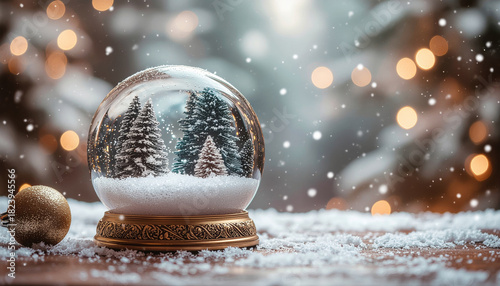 Snow globe with pine trees inside sits on wooden table, surrounded by snowflakes and bokeh lights, creating festive atmosphere