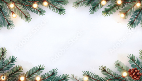 Festive pine branches with glowing lights and pinecone create cheerful holiday border on white background