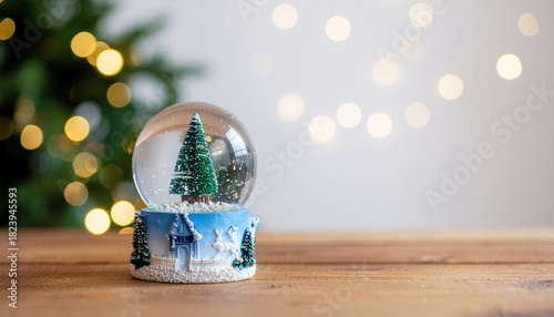 Festive snow globe with Christmas tree inside sits on wooden table, with blurred holiday lights in background