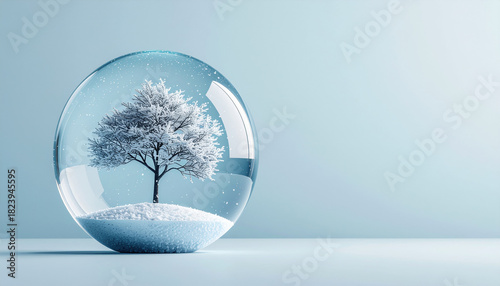 Snow globe with serene winter scene of snow covered tree inside, set against soft blue background