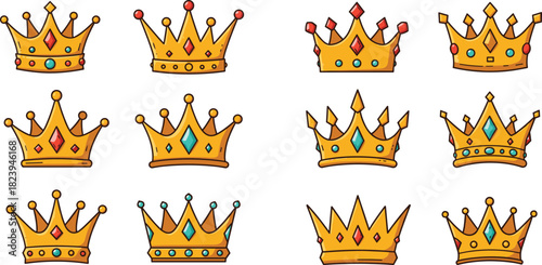 Title: Royal Golden King and Queen Crown Collection, Set of Twelve Hand-Drawn Flat Cartoon Vector Illustrations with Colorful Gemstones, Luxury Monarch Royalty Power Symbol Graphic Elements, 