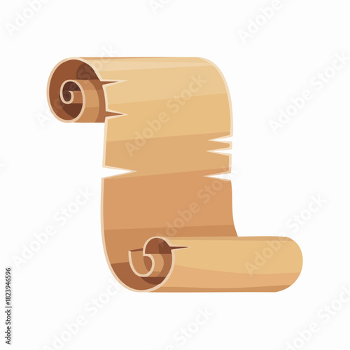 Ancient rolled parchment scroll with aged paper texture and tattered edges, vector illustration.