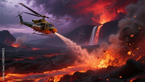 A powerful cinematic scene of a helicopter fighting a volcanic wildfire in which releasing a stream of water from its tank to douse the fire below.
