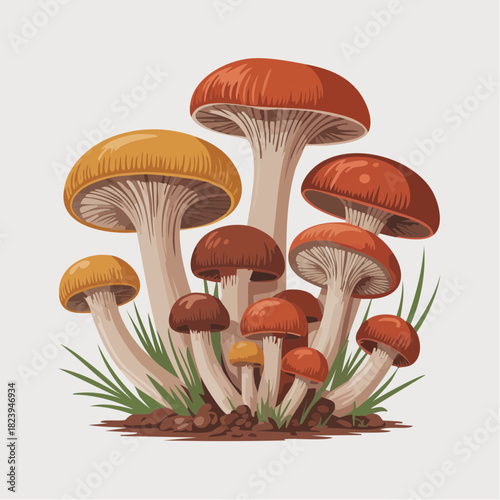 A vibrant illustration of a cluster of wild mushrooms with orange and yellow caps growing from the earth.