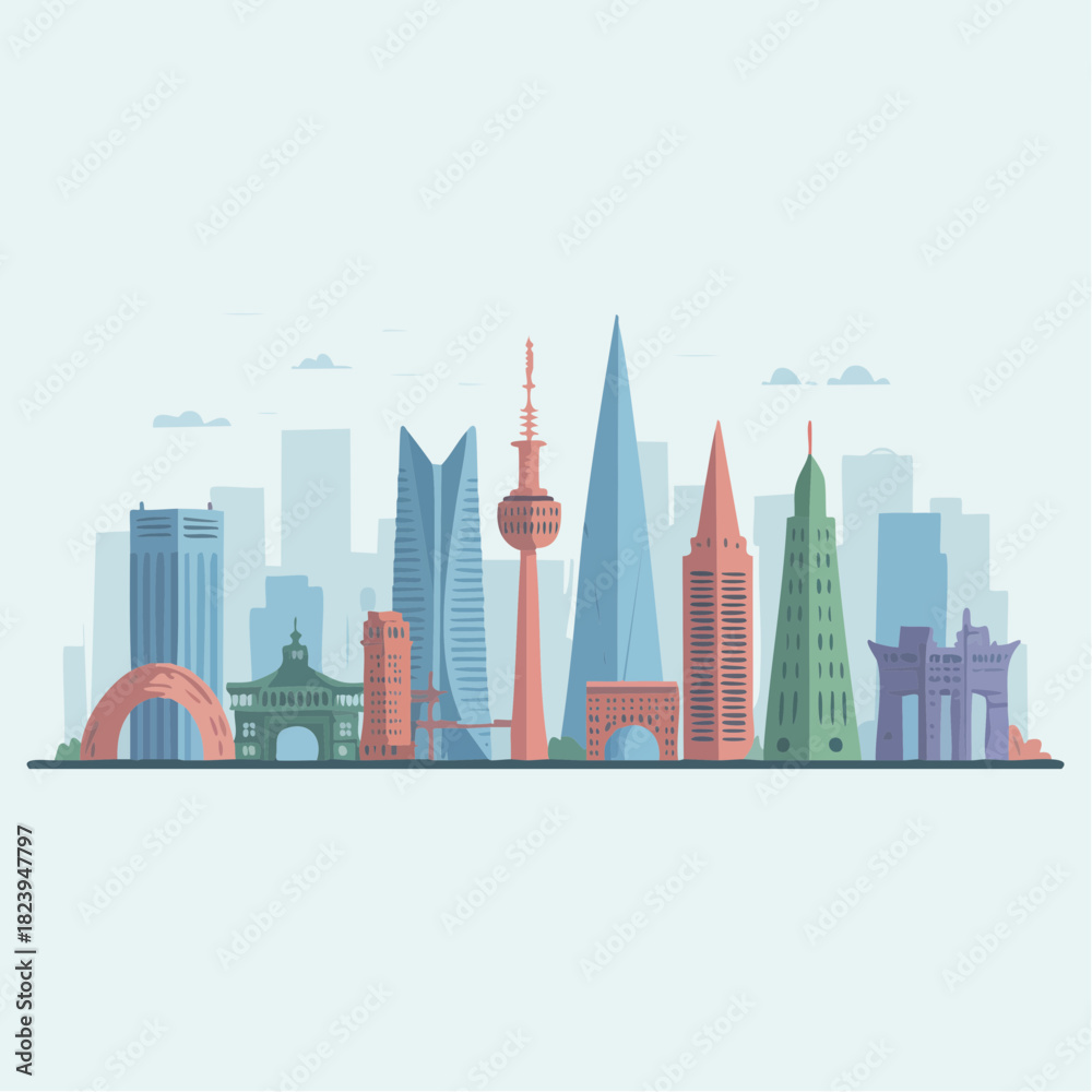 Fototapeta premium Flat design vector illustration of a diverse city skyline featuring prominent skyscrapers, towers, and cultural buildings in a modern style.