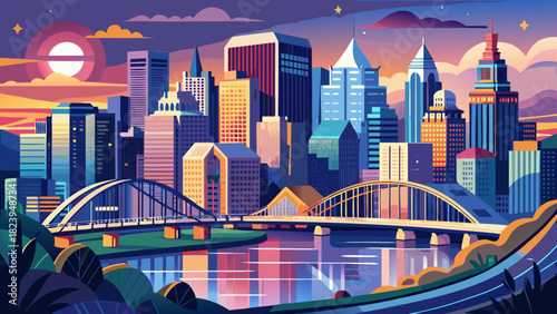 Very beautiful Pittsburgh, Pennsylvania skyline at dusk, featuring illuminated skyscrapers, iconic bridges, and the confluence of the Allegheny, Monongahela, and Ohio Rivers, captured in a clean, 