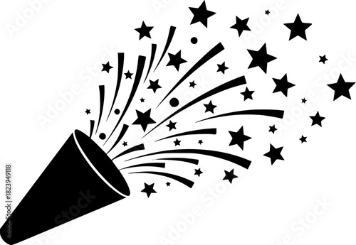 Black silhouette of a party popper bursting with rays of confetti and scattered
